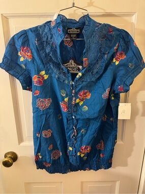 Angie Blue Floral Ruffle-Front Blouse
